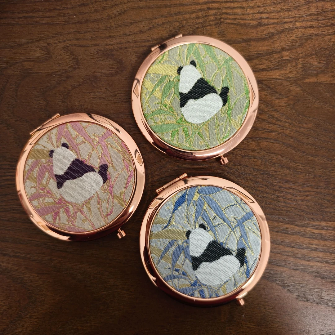 【橙庐】520012原创新中式宋锦熊猫提花化妆镜 桑蚕丝优雅中国风