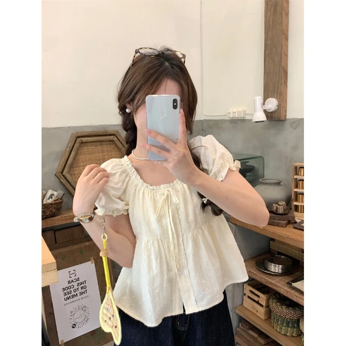 微胖大码气质显瘦衬衣法式甜美蕾丝边短袖衬衫女修身方领7001#