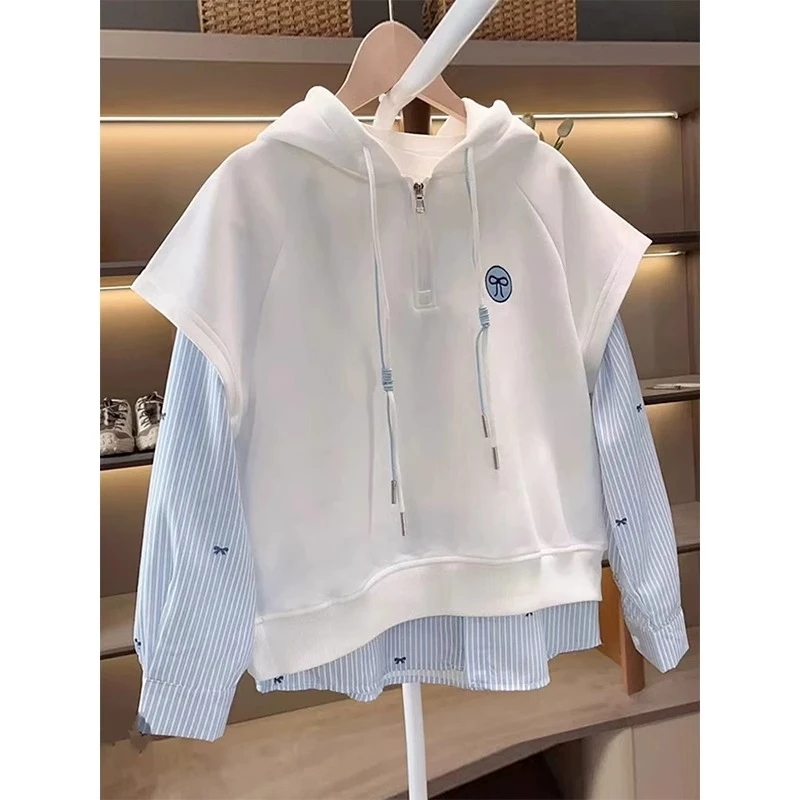 女童假两件卫衣春秋2025新款洋气中大童休闲条纹衬衫拼接连帽上衣