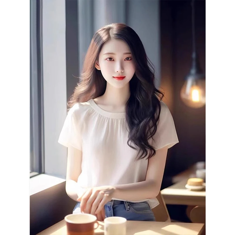 法式气质白色短袖t恤2025夏季新款漂亮遮肚子宽松百搭圆领上衣女