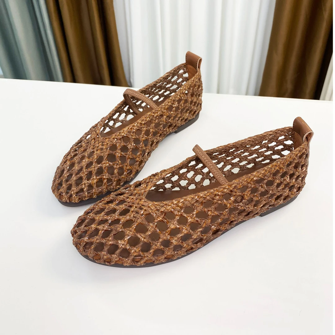 【钦锘轻奢】手工编织透网玛丽珍鞋女夏季简约舒适平底真皮凉鞋6015