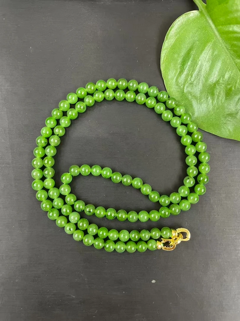 和田玉俄碧冰阳绿卡6妈妈链微黑点108颗（多样性发一）