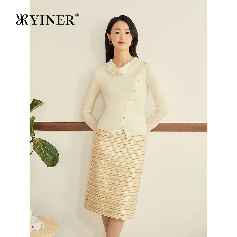 YINER音儿2025冬季新款法式云柔亲肤美丽诺羊毛S型荡领针织衫