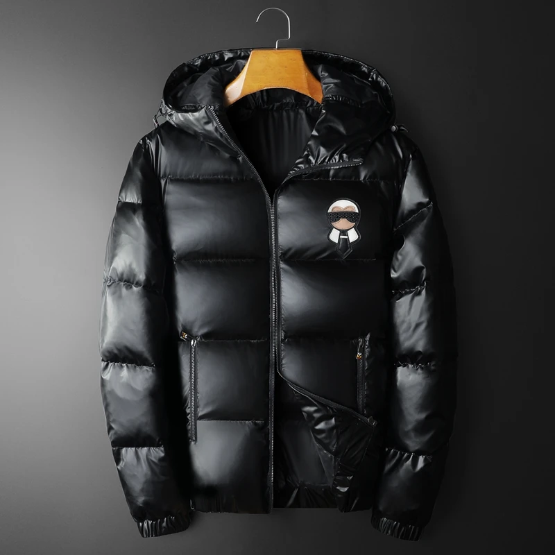 约文库费连帽外套纯色休闲男士短款修身白鸭绒保暖加厚亮面羽绒服