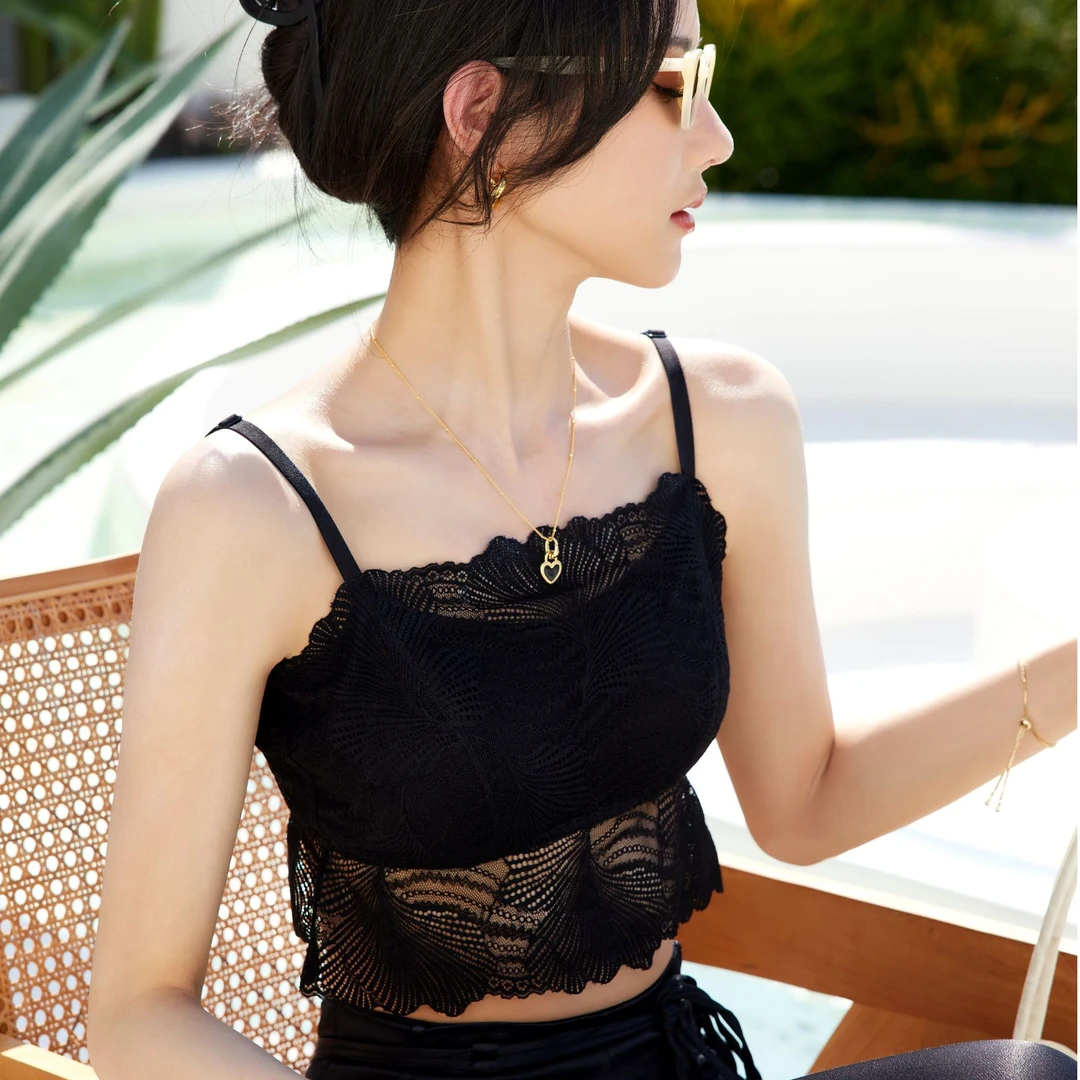 leevee夏季新款桑蚕丝蕾丝吊带美背自带罩杯背扣免穿文胸透气薄杯