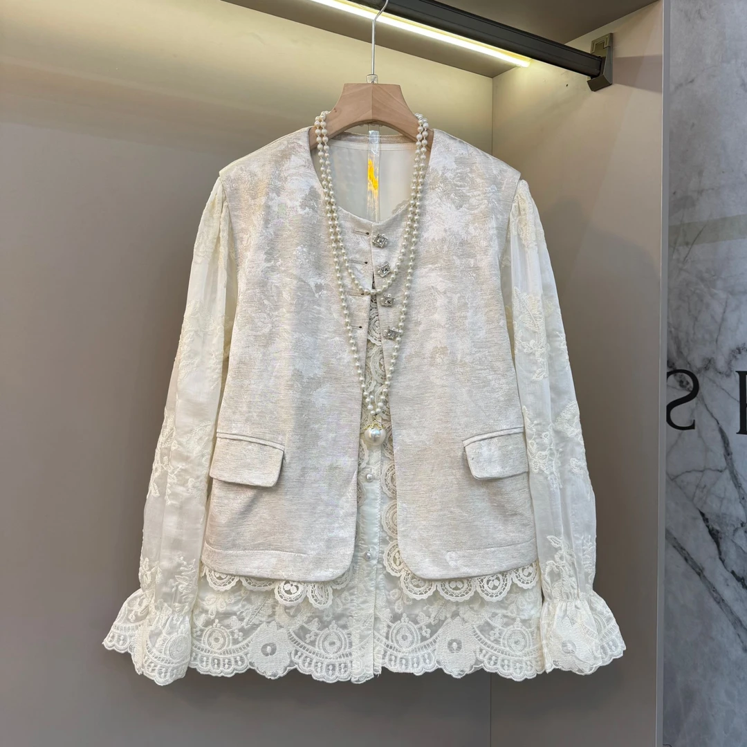 新中式国风马甲蕾丝衫女春季新款小香风高级感提花胖妹妹俩件套