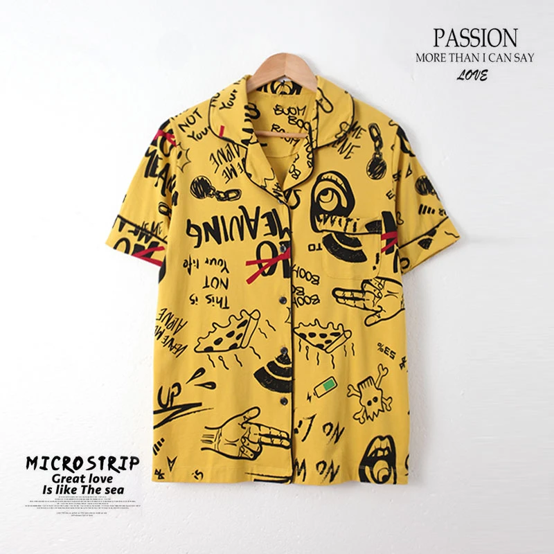 女士家居服上装印花短袖睡衣柔软亲肤翻领上衣00355舒适休闲风