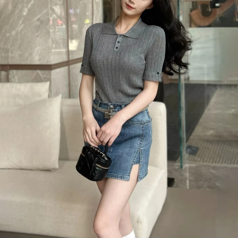 【商场同款】2025夏季新款时尚气质格雷系修身polo领短袖针织T恤女