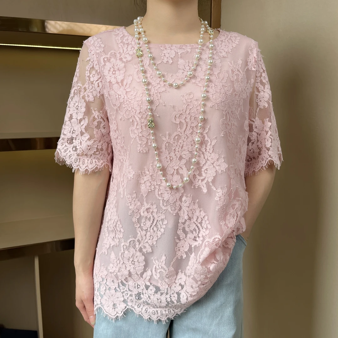 圆领短袖蕾丝衫时尚气质宽松百搭