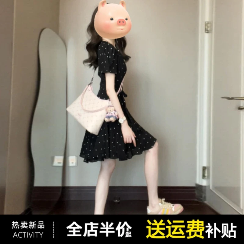 黑色高级感v领波点短袖连衣裙小个子女2025夏季新款法式气质短裙
