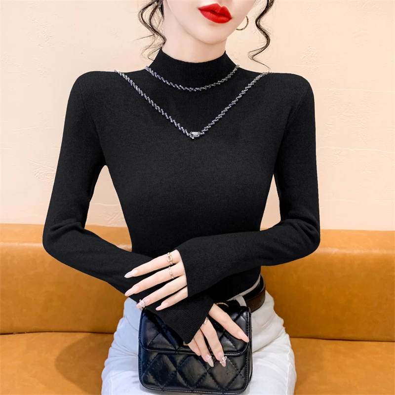 实拍重工钉钻半高领针织衫打底衫秋冬新款洋气感修身上衣毛衣