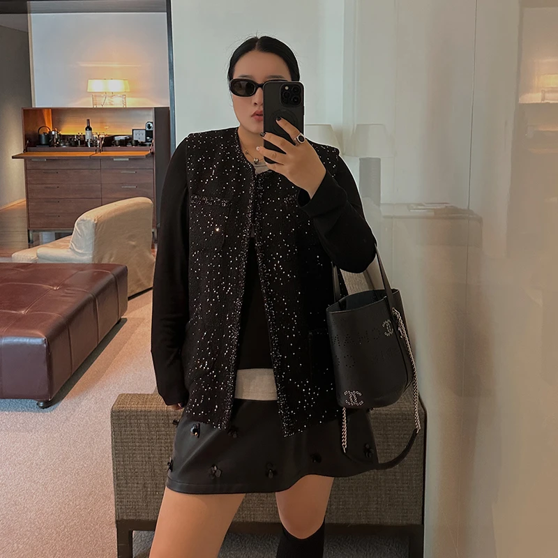 铅笔小鑫大码女装气质复古亮片马甲胖mm宽松显瘦无袖上衣