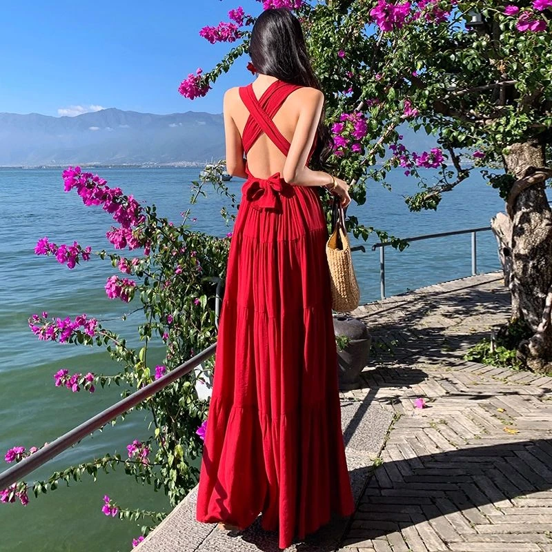 收腰法式纯欲连衣裙红色长裙气质V领女装夏季性感无袖高腰设计感