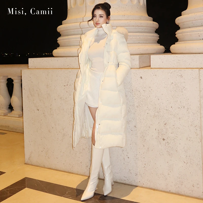 Misi,Camii2025秋冬新款女装毛领连帽长款羽绒外套名媛风时尚穿搭