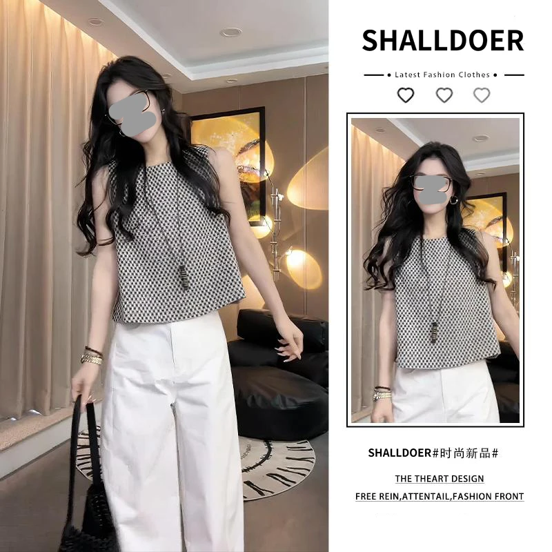 通勤休闲风套装女士格子无袖上衣小众设计感慵懒风白色阔腿裤套装