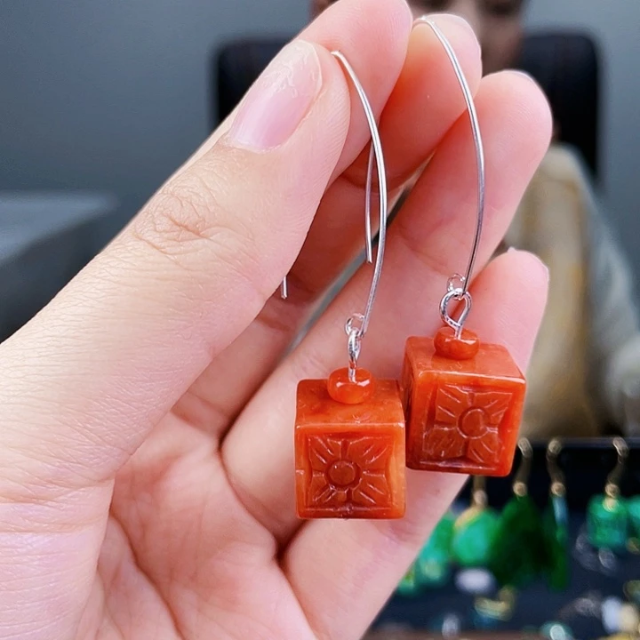 翡翠耳饰银S925镶嵌饰品