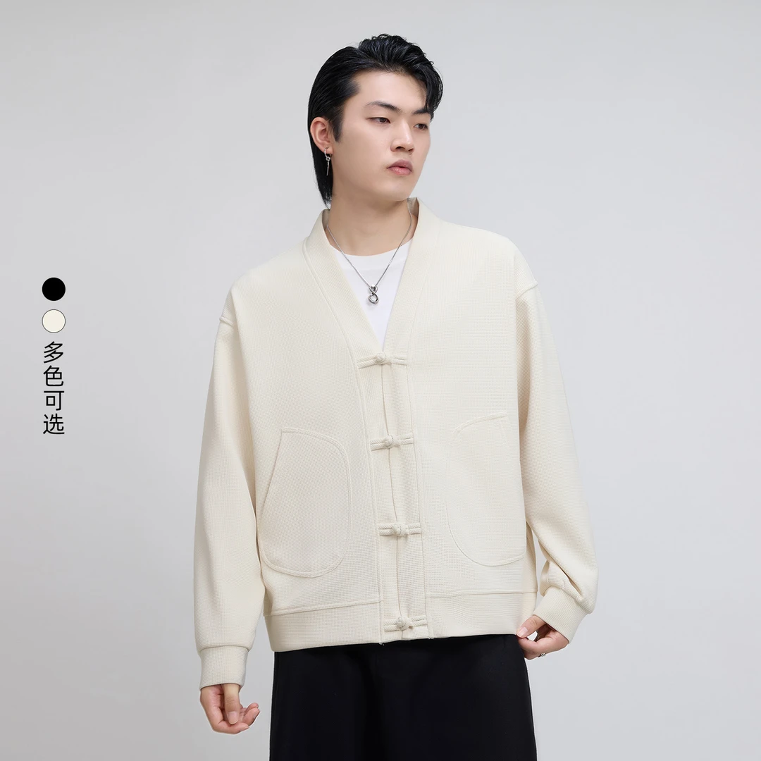 HERBEL/黑白2025秋季男士国风针织开衫修身显瘦纯色毛衣外套长袖