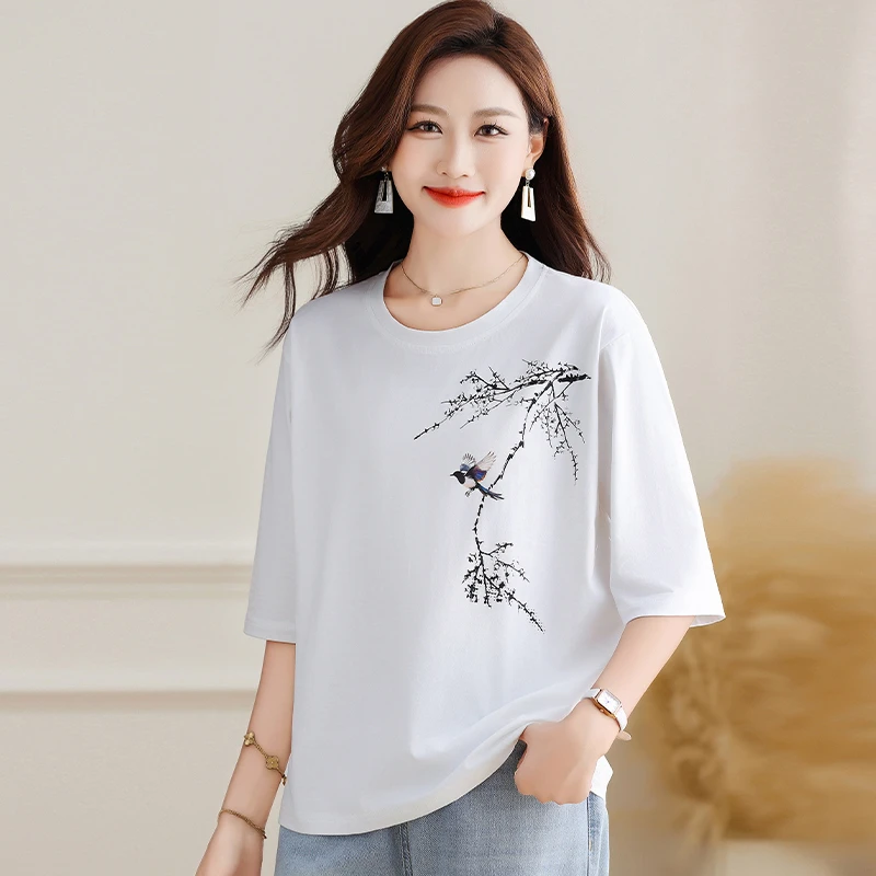 中国风夏季新款五分袖薄款透气上衣大码遮肉潮流通勤百搭t恤衫女