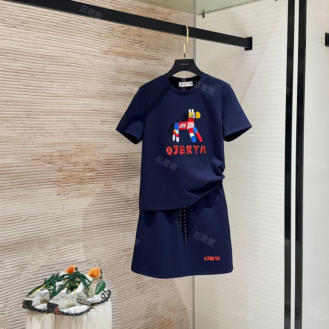 【宠粉价】刺绣七彩小马夏季短袖套裙大码微胖显瘦套装裙JC-A3529