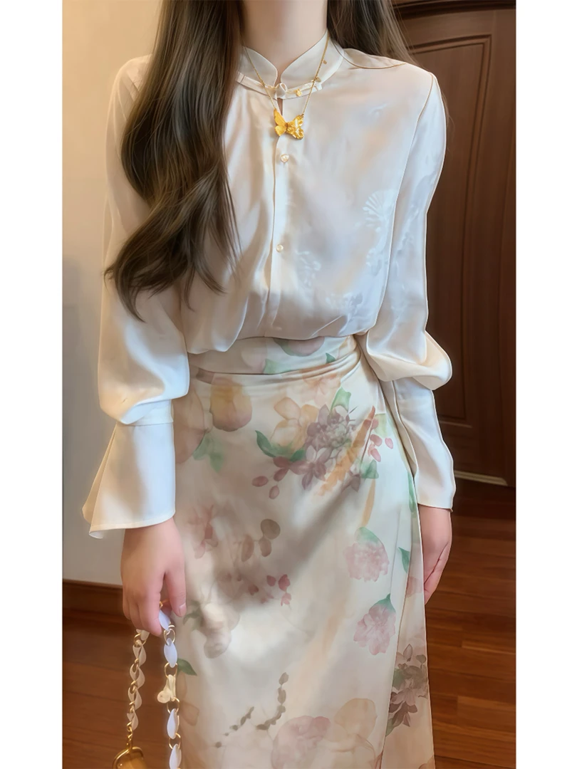 新中式轻国风套装女新款小个子高级感气质盘扣衬衫半身裙子两件套