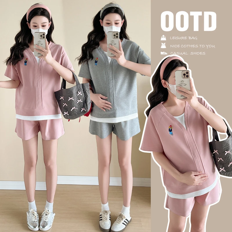 夏季小个子甜美孕妇套装短袖休闲减龄洋气时尚孕妇气质两件套夏装