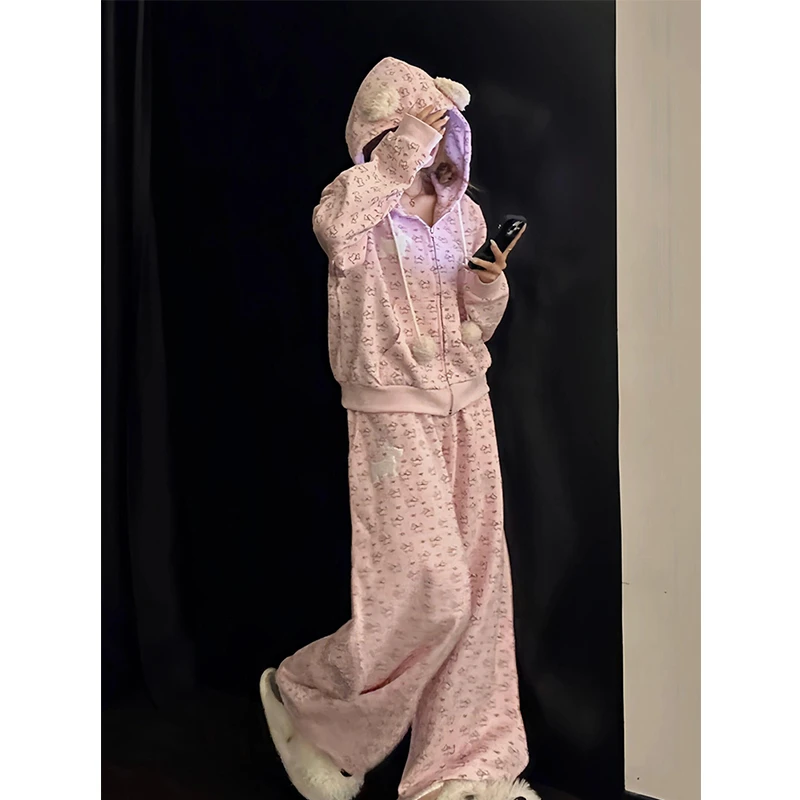 韩系甜美毛茸茸小狗印花睡衣女秋季新款连帽长袖可外穿家居服套装