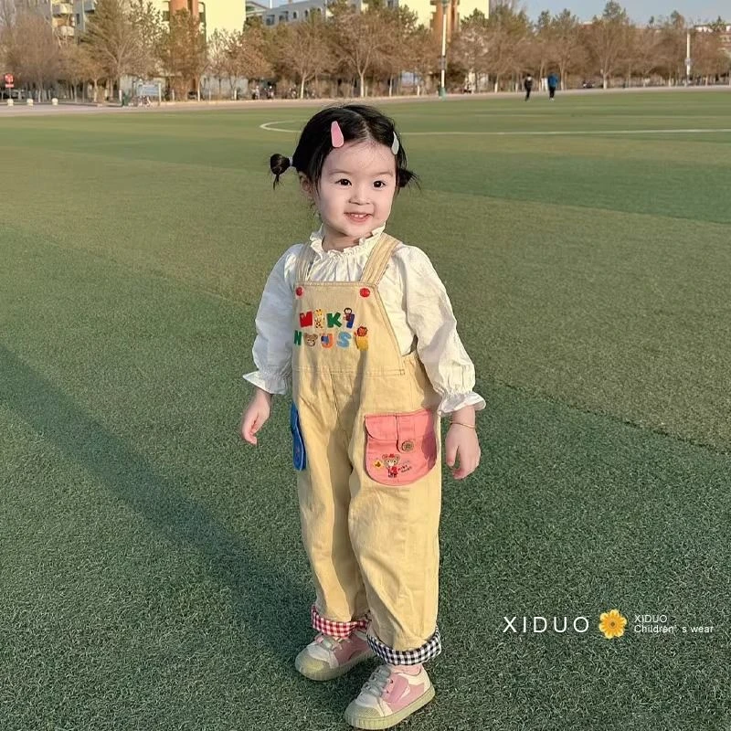 韩国女童女宝春款衬衫卡通字母背带裤2025时尚甜美可爱衬衫