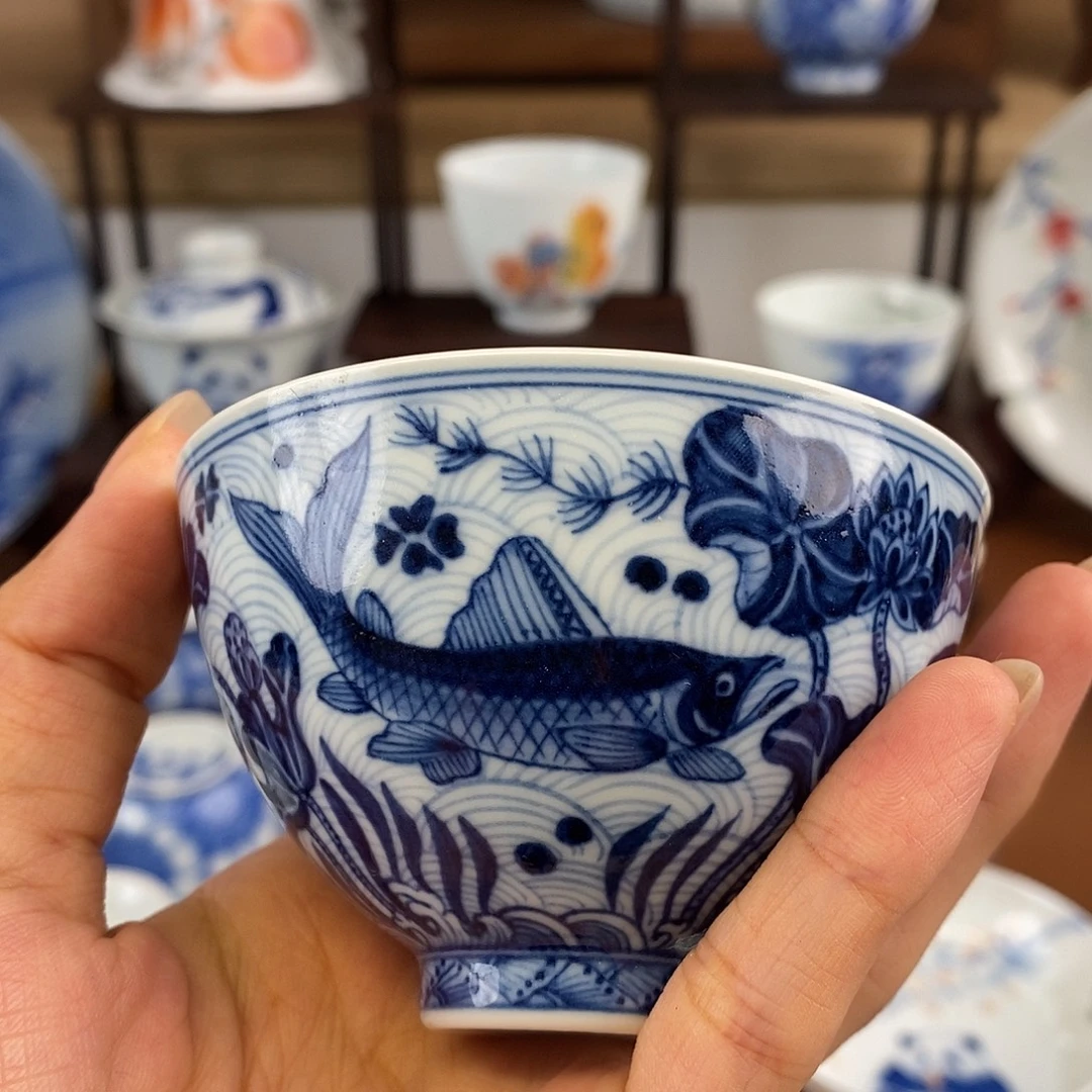 大***小淡描海水鱼藻鸡心杯