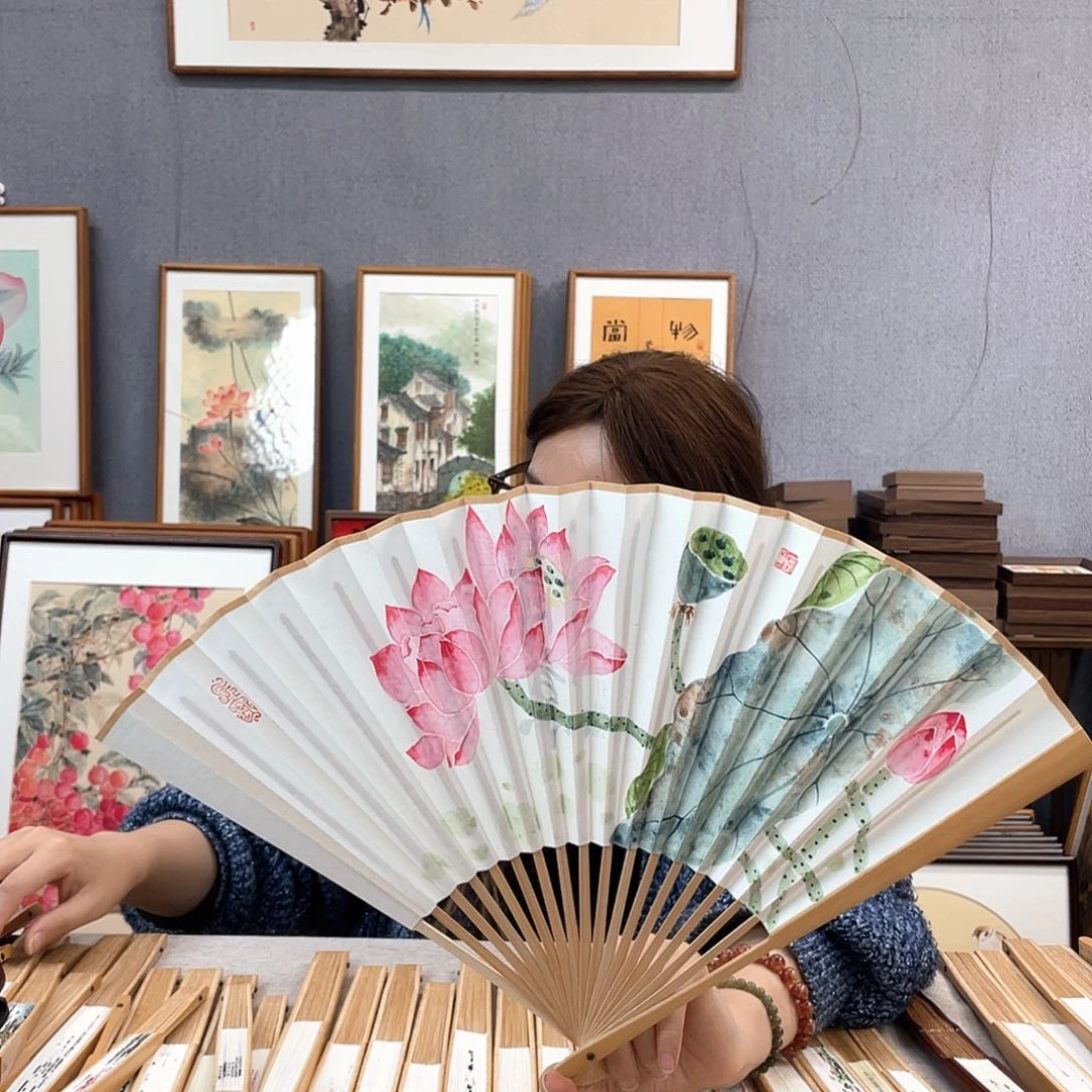 国画95寸玉竹-纯手绘-文玩扇骨（默认粘好）