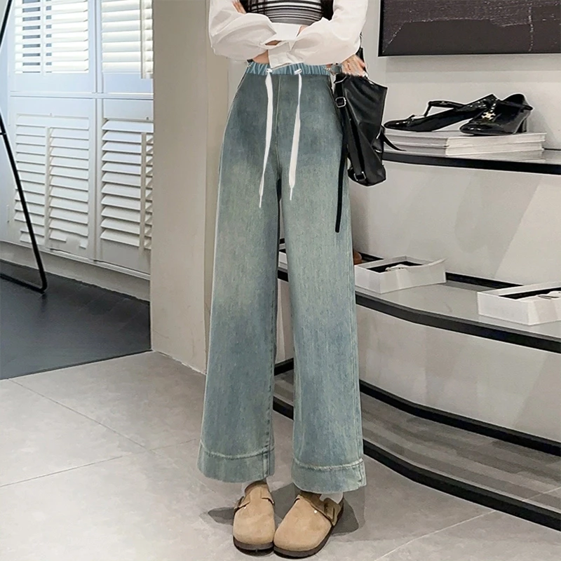 孕妇牛仔裤春装新款时尚抽绳有口袋宽松阔腿裤孕期孕后两穿直筒裤