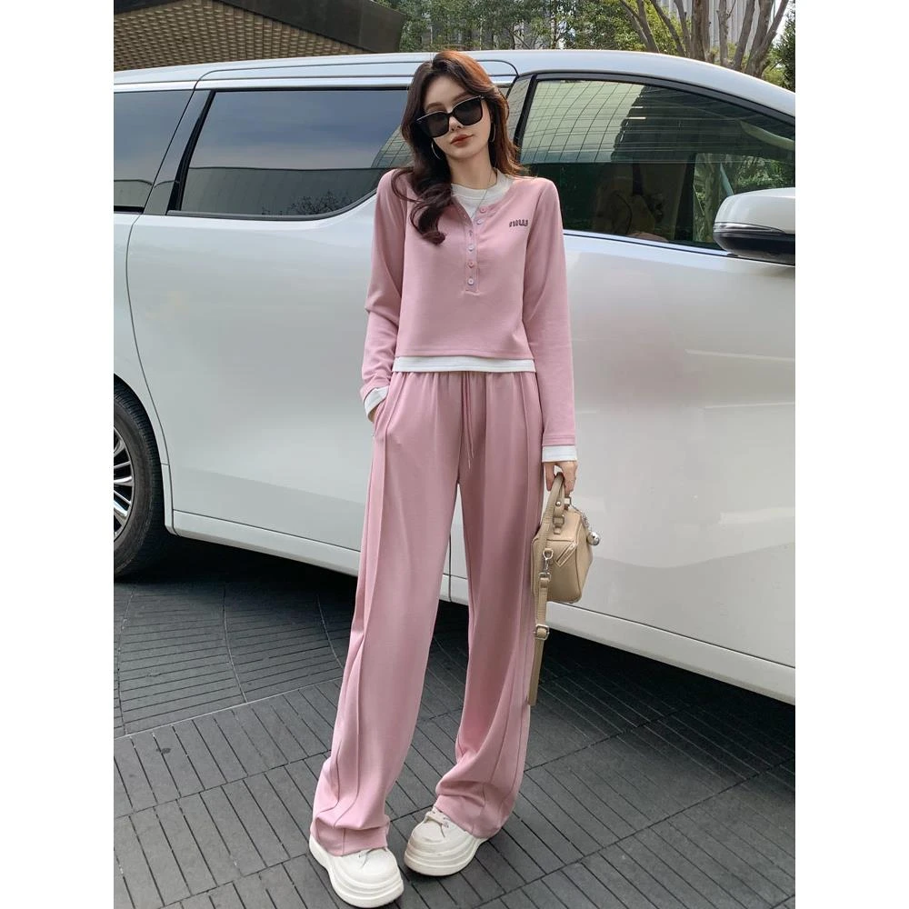 韩版休闲运动套装女春季新款时髦穿搭减龄显瘦假两件卫衣两件套