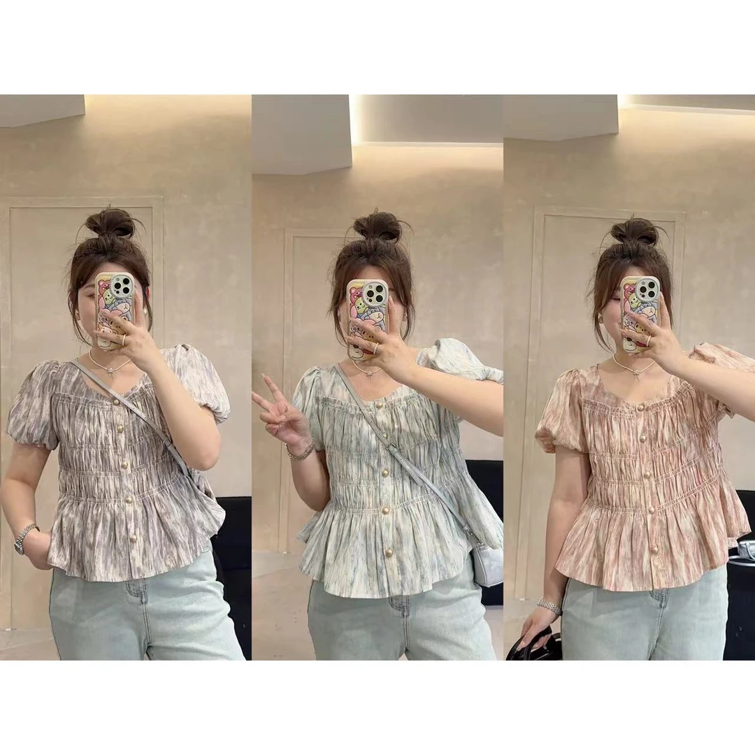 晶咕【莫奈日记】法式泡泡袖褶皱扎染短袖小衫T恤碎花显瘦气质