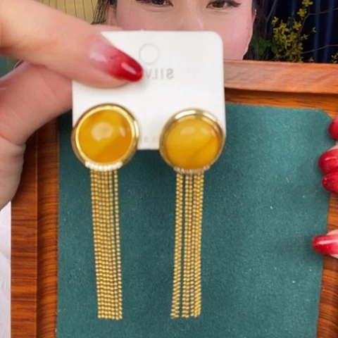 蜜蜡耳饰银S925镶嵌耳吊