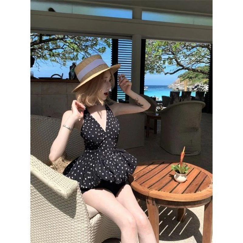 吊带显瘦辣妹深v领漏背无袖上衣修身性感黑色波点设计挂脖in