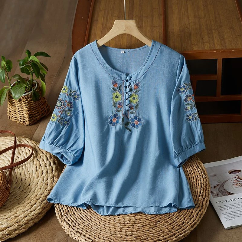 大码刺绣民族风2024夏季新款七分袖棉麻复古文艺宽松T恤百搭上衣