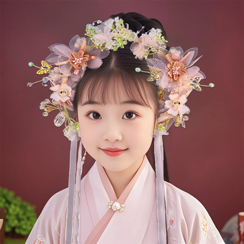 亲子款儿童汉服头饰超仙公主花仙子蝴蝶结花环女童头花写真配饰品