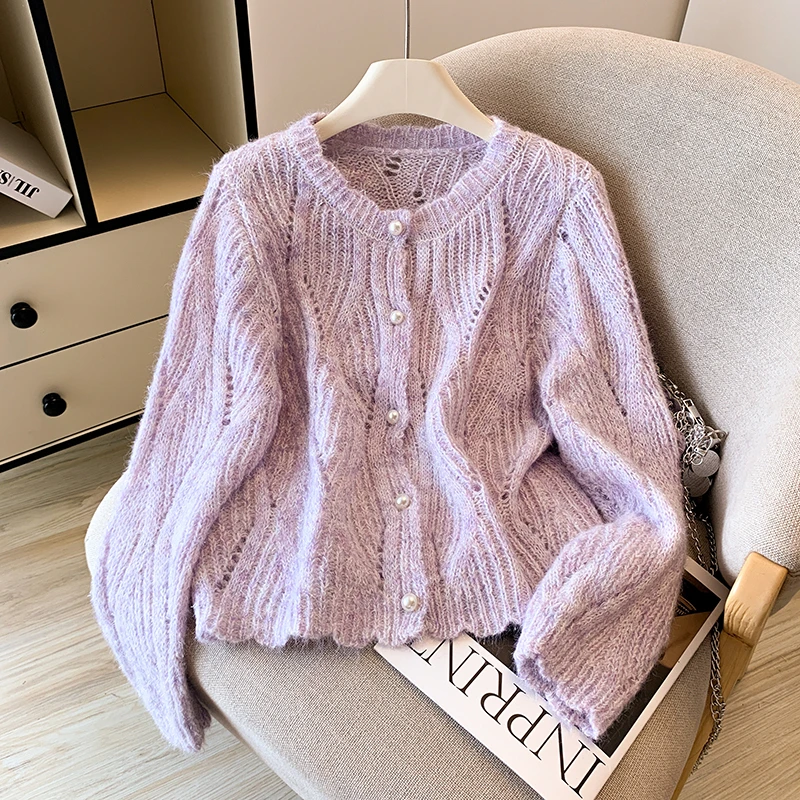时尚洋气紫色圆领镂空针织毛衣开衫女秋季新款百搭减龄衣外套上衣