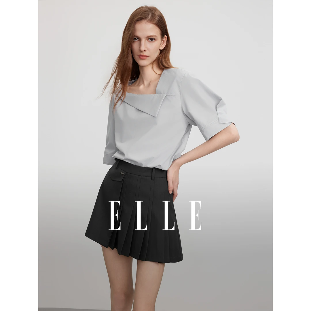 ELLE法式不规则衬衫女士2025夏日穿搭设计感短款小众衬衣EM51652
