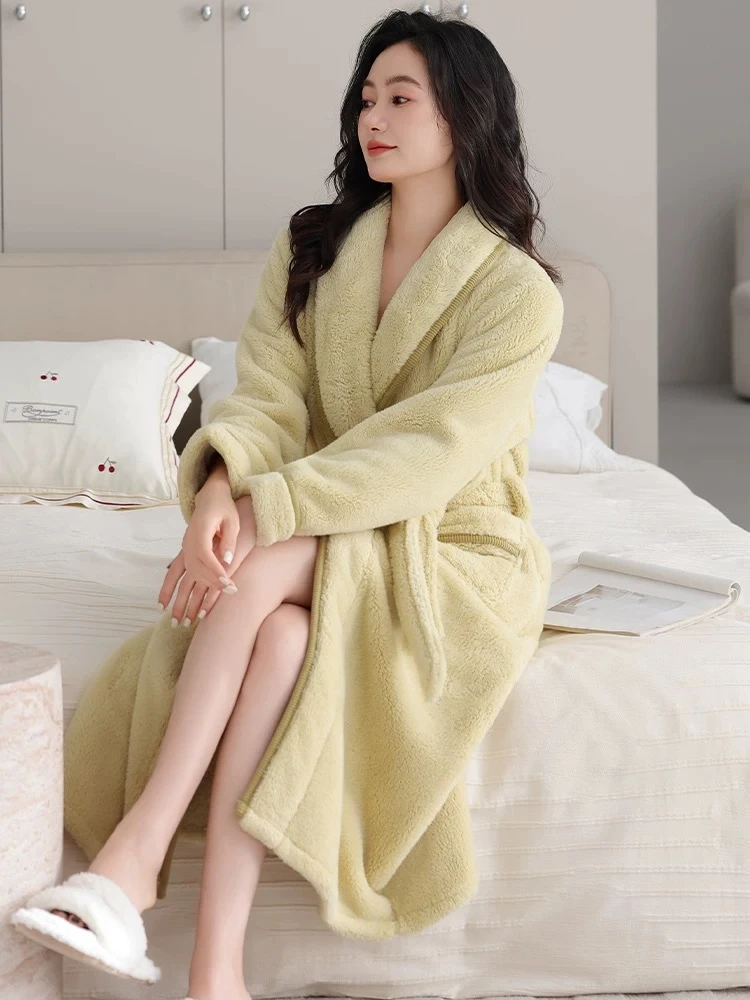 睡袍女秋冬款珊瑚绒保暖浴袍冬天加绒法兰绒中长款浴衣睡衣家居服