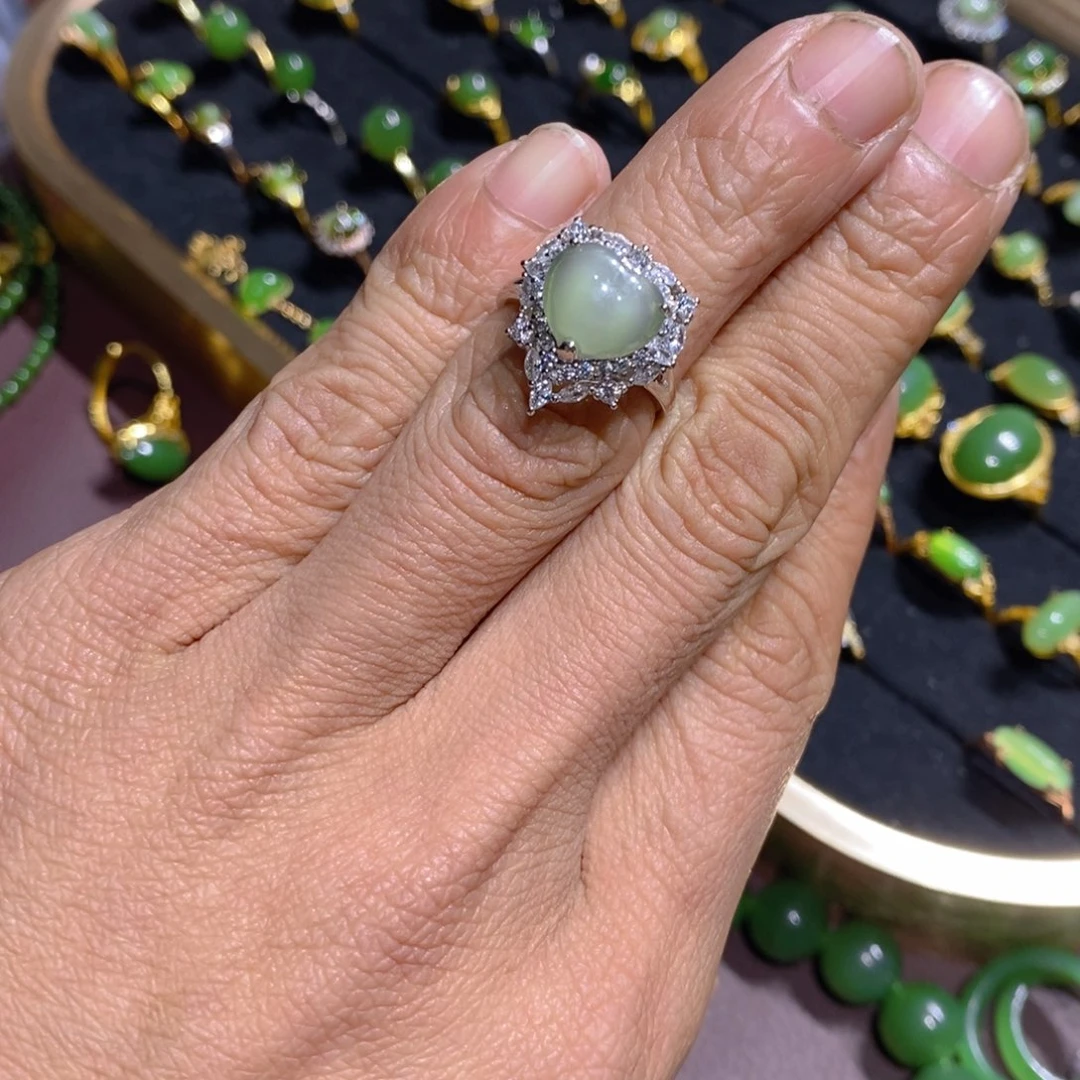 和田玉（碧玉）戒指银S925镀金镶嵌