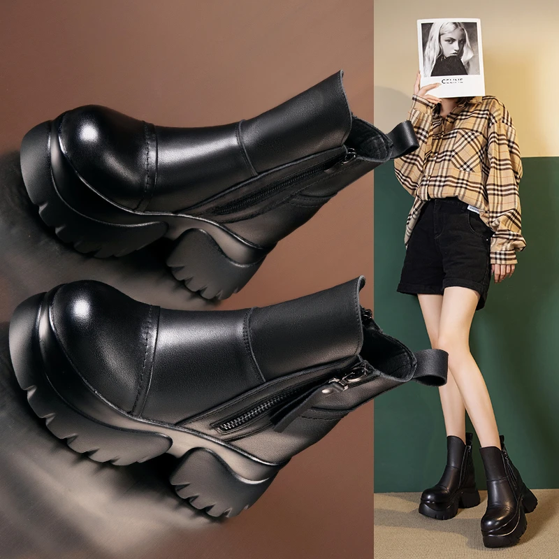 内增高切尔西短靴女厚底9cm小个子显高马丁靴头层牛皮松糕烟筒靴