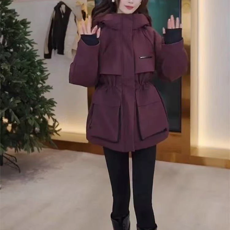 黑色收腰冲锋衣棉服外套女冬季2025新款夹棉加厚保暖工装派克棉衣