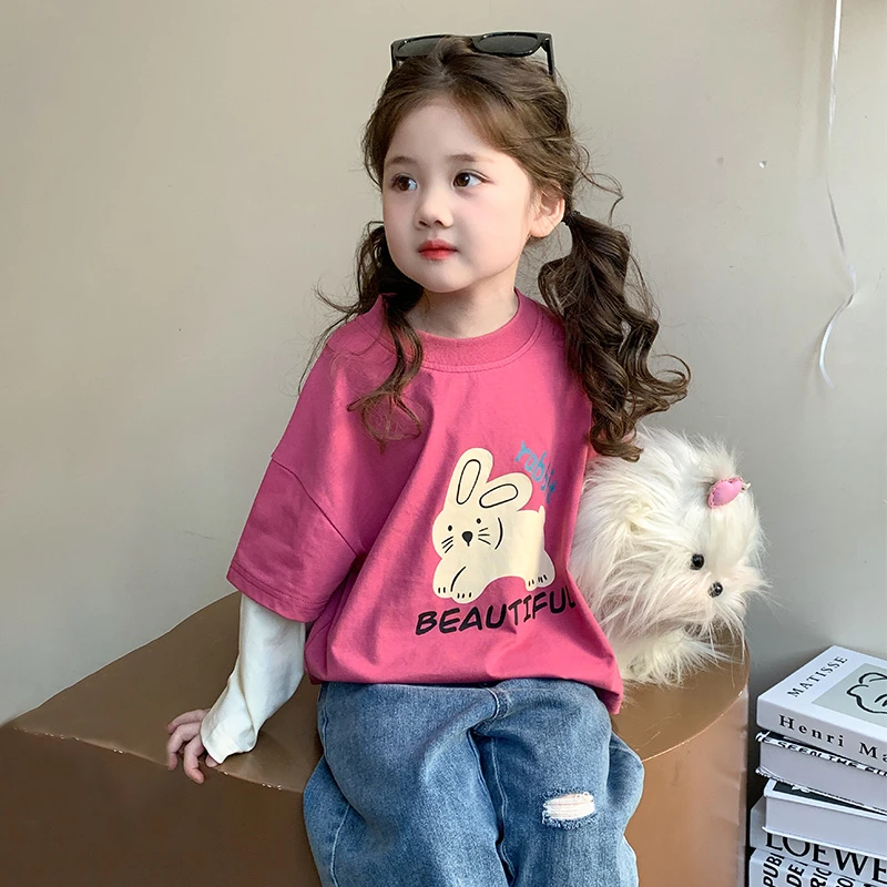 女童上衣2025新款春秋季女宝宝甜美圆领休闲百搭潮流款假两件T恤