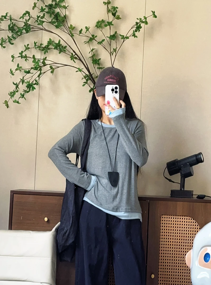 JOYER【假两件叠穿】撞色圆领长袖打底衫修身设计感上衣