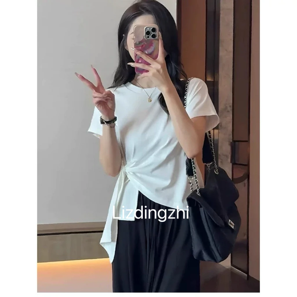 运补-小个子夏季新款韩系简约显瘦设计感正肩下摆开衩绑带短袖T女