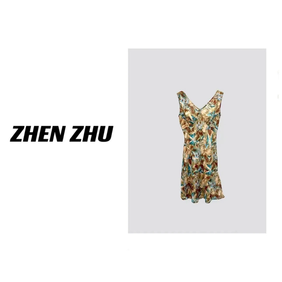 Zhenzhu Studio G16 复古扎染V领开叉背心 夏季无袖上衣 DG0503