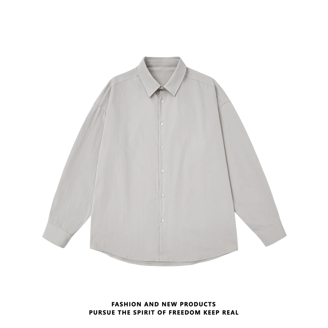 免打理不易皱翻领简约衬衫男女仿棉百搭宽松休闲情侣长袖纯色内搭
