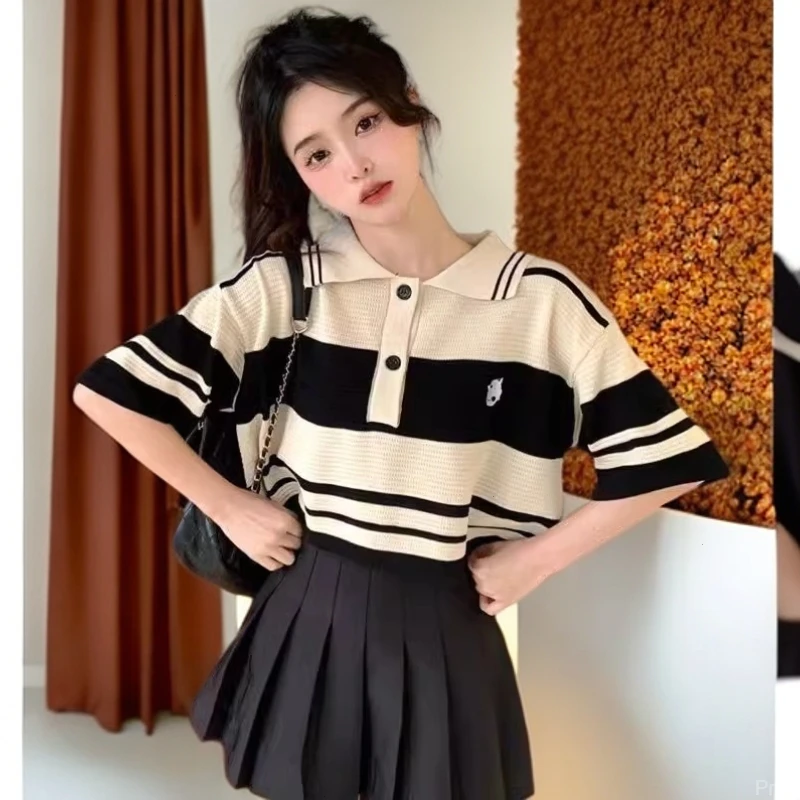 2025夏季新款宽松显瘦设计感polo领复古条纹短袖针织衫短款上衣女