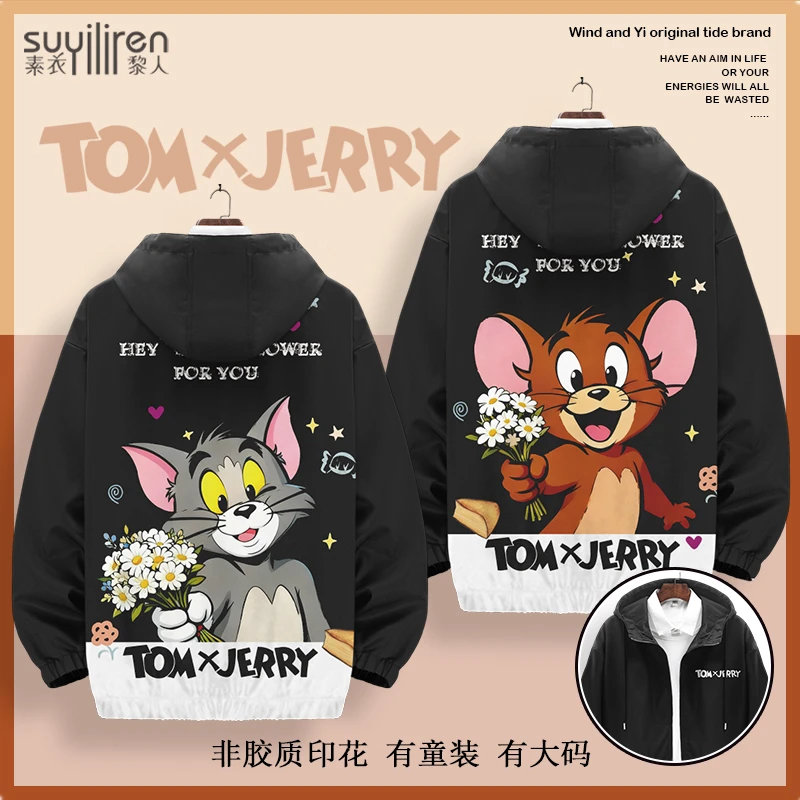日系潮牌夹克外套男二次元猫和老鼠卡通印花情侣冬季加厚连帽上衣