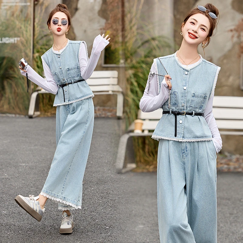 休闲风丹宁风韩版时尚套装秋季春季背带古风可露丽风春秋显瘦气质